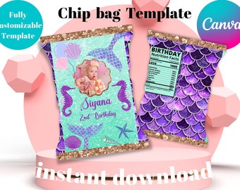 Editable Mermaid Chip bag Template, Editable Mermaid Chip Bag Template.