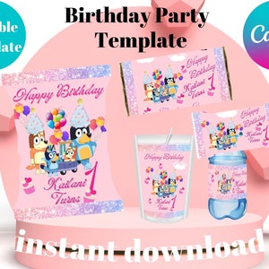 Pink Editable Chips bag, Birthday Blue Chip Bags, Printable Digital Favors, Instant Download,