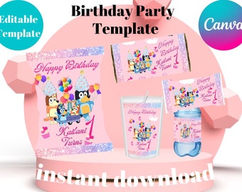 Pink Editable Chips bag, Birthday Blue Chip Bags, Printable Digital Favors, Instant Download,