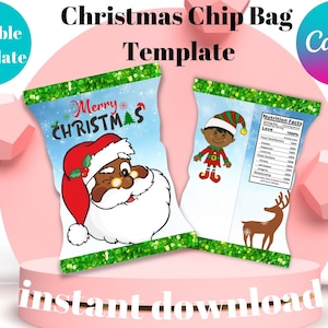 EDITABLE Christmas Chip Bag Wrapper Template, Cute Santa Personalized Party Favors Treat Bag, Snack Cookie Packaging Printable