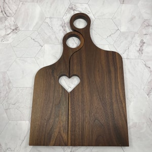 Walnut Wood &#39;Romeo & Juliet&#39; Charcuterie Board Set w/Heart Cutout