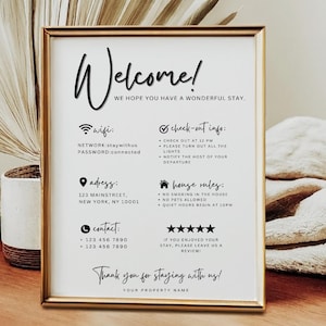 Znak powitalny Airbnb, Wypożyczalnia wakacyjna dla gospodarzy do wydrukowania, Plakat przyjazdu gości, Zasady domu, Znak Wi-Fi, Powitanie Airbnb, Szablon Canva Airbnb