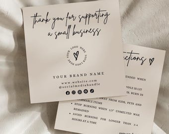 Editable Candle Care Card Template, Square Thank You Card, Printable Candle Care Instructions Card, Candle Packaging Insert, Canva Template