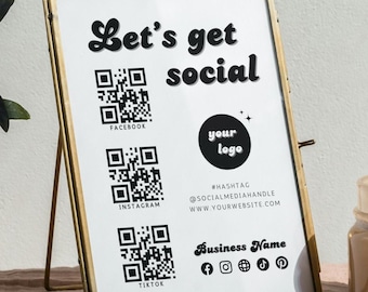 Plantilla de letrero retro para redes sociales, plantilla para pequeñas empresas, letrero de código QR para redes sociales, letrero de síguenos en Instagram y Facebook.