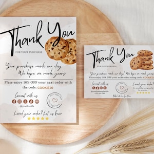 2 paquete de tarjetas de agradecimiento de galletas editables, tarjeta de panadería, pequeña empresa de galletas, plantilla de tarjeta de inserción de embalaje de pastelería, tarjeta de visita de galletas