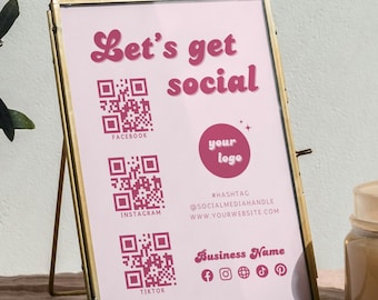 Plantilla de letrero retro para redes sociales, plantilla para pequeñas empresas, letrero de código QR para redes sociales, letrero de síguenos en Instagram y Facebook.