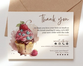 Editable Cupcake Thank You Card bundle, Bakery Shop Card, Cookie Small Business, Pastry Packaging Insert Card Template,Cookie Business Card