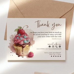 Pacote de cartões de agradecimento de cupcake editáveis, cartão de padaria, pequena empresa de biscoitos, modelo de cartão de inserção de embalagem de pastelaria, cartão de visita de biscoitos