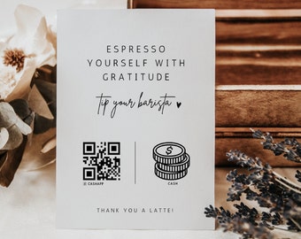 Boho Minimalist Coffee Shop Barista Tip Imprimible Virtual Tip Venmo Cashapp Tip, Plantilla de signo de código QR, Consejos editables digitales aceptados Canva