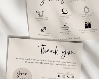 Editable Jewelry Care Card Template, Thank You Card, Printable Jewelry Care Instructions Card, Jewelry Packaging Insert, Canva Template