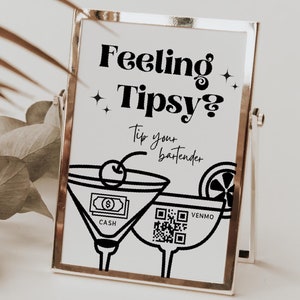 Retro-Gefühl Tipsy Tip Bar druckbares virtuelles Trinkgeld Venmo Cashapp Tip Zeichen, QR-Code-Zeichenvorlage, Barkeeper bearbeitbare Tipps akzeptiert Zeichen Canva