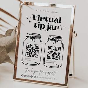 Retro Virtual Tip Jar Digital Printable Template, Venmo Cashapp Payment Sign, DIY QR Code Sign Template, Editable Tips Accepted Sign Canva