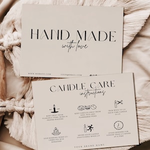 編集可能なキャンドルケアカードテンプレート、サンキューカード、印刷可能なキャンドルケア説明カード、キャンドルパッケージ挿入物、Canvaテンプレート