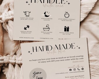 Editable Jewelry Care Card Template, Thank You Card, Printable Jewelry Care Instructions Card, Jewelry Packaging Insert, Canva Template