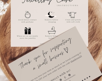 Editable Jewelry Care Card Template, Thank You Card, Printable Jewelry Care Instructions Card, Jewelry Packaging Insert, Canva Template