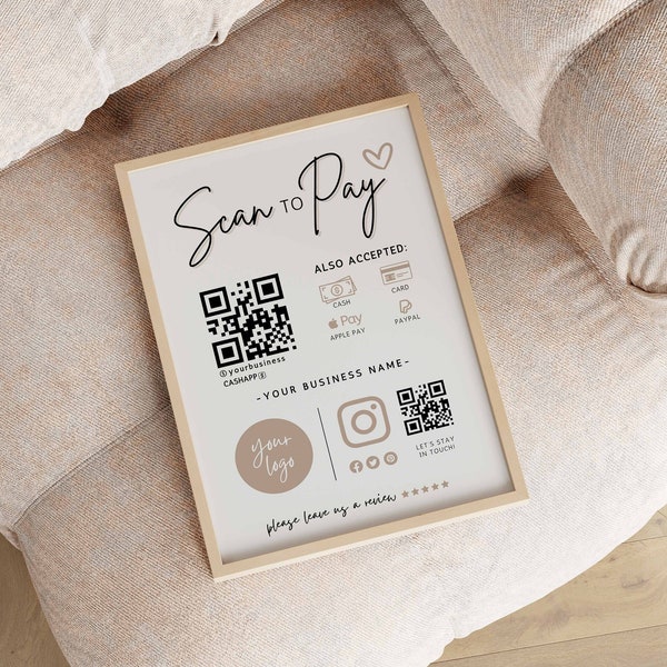 Boho Scan to Pay QR Code Sign, Printable Payment Template, Venmo Cashapp Payment Sign, DIY QR Code Sign Template, Editable Payment Sign