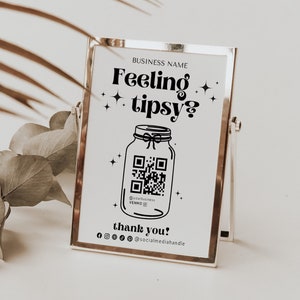 Retro Feeling tipsy Printable Virtual Tip Jar Venmo Payment Sign, DIY QR Code Sign Template, Bar Digital Editable Tips Accepted Sign Canva