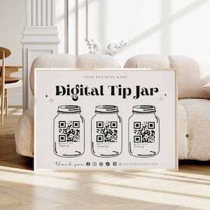 Retro virtuell dricksburk digital utskrivbar mall, Venmo Cashapp betalningsskylt, DIY QR-kodsskyltmall, redigerbar dricks accepterad skylt Canva
