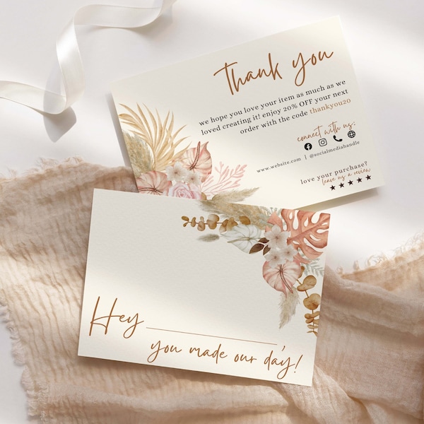 Boho flor editable negocio gracias por su tarjeta de compra, plantilla de tarjeta de agradecimiento para pequeñas empresas, tarjeta de agradecimiento imprimible