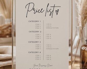 Boho Price List Template, Printable Pricing List, DIY Payment Sign, Service Menu, Salon Price List, Canva Template, Editable Pricing Sheet