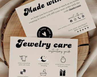 Retro Modern Editable Jewelry Care Card Template, Thank You Card, Printable Jewelry Care Instructions Card, Packaging Insert, Canva Template