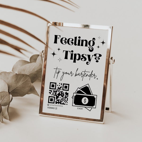 Retro Feeling tipsy Tip Bar Printable Virtual Tip Venmo Cashapp Tip Sign, QR Code Sign Template, Digital Editable Tips Accepted Sign Canva