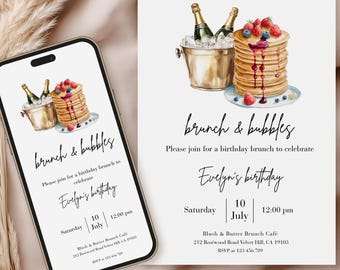 Plantilla de invitación para brunch y burbujas: invitación editable para brunch de cumpleaños (descarga digital)