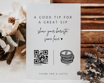 Boho Minimalist Coffee Barista Tip Imprimible Virtual Tip Venmo Cashapp Tip, Plantilla de signo de código QR, Consejos editables digitales aceptados Canva