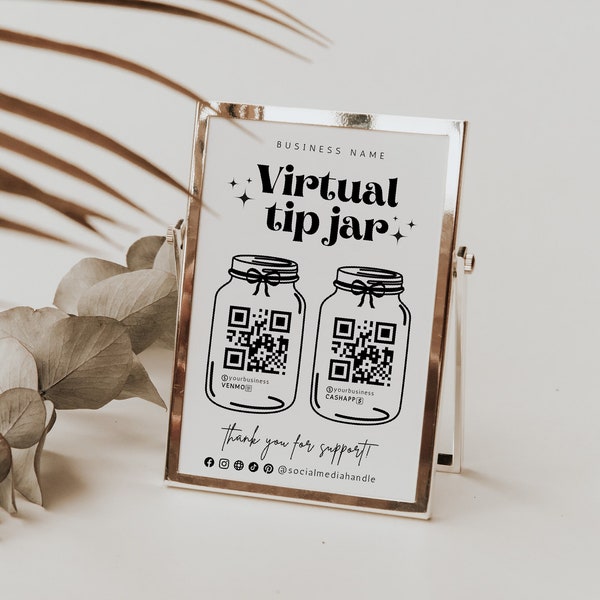 Retro Virtual Tip Jar Digital Printable Template, Venmo Cashapp Payment Sign, DIY QR Code Sign Template, Editable Tips Accepted Sign Canva