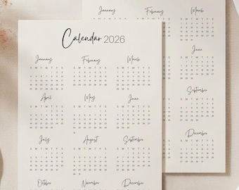 Minimalist Printable Calendar 2026 Monthly Planner 2026, US Letter, 11X16, 8x11, A4, A3, Portrait, Monday and Sunday Start, Canva template