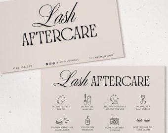 Plantilla elegante de tarjeta de Canva para el cuidado posterior de las pestañas, instrucciones de atención al cliente, instrucciones editables para el cuidado de extensiones de pestañas para técnicos de pestañas y empresas de belleza.