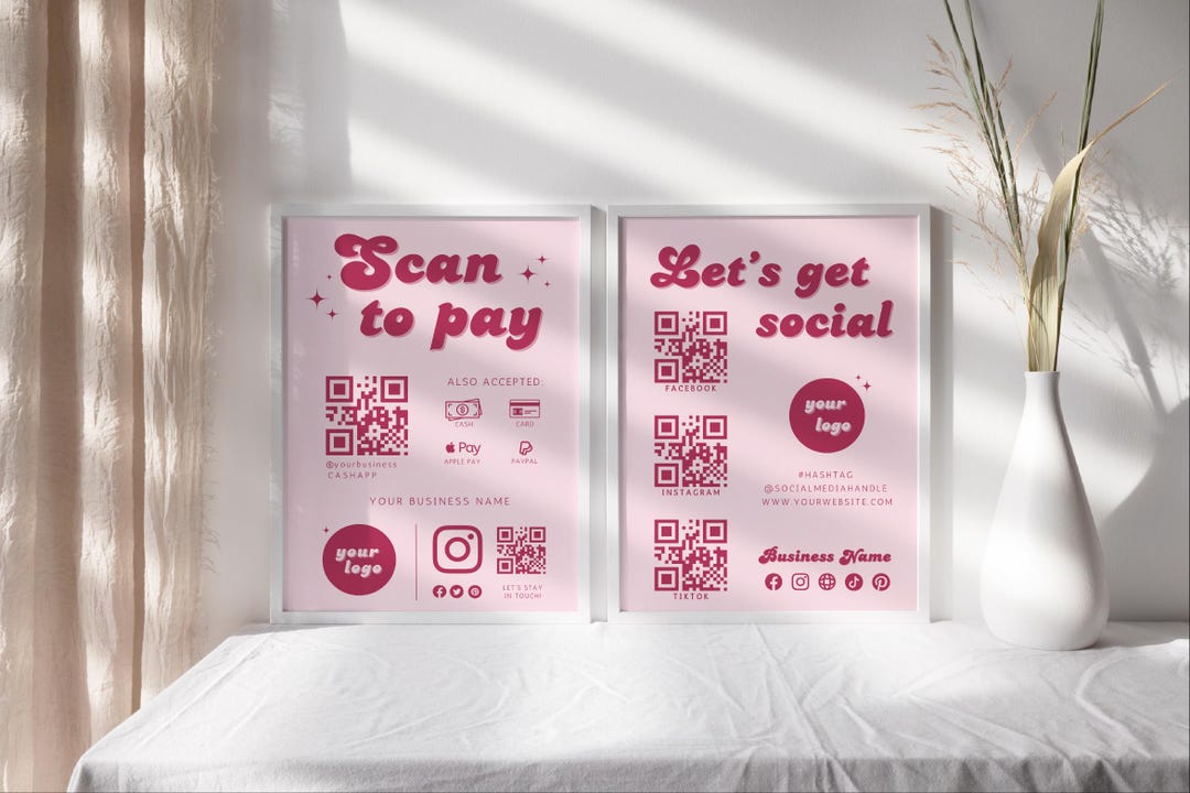 Pink Retro Bundle Scan to Pay QR Code Sign, Printable Payment Template ...