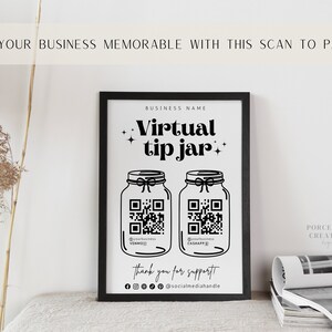 May include: Black and white printable sign with the text "Virtual tip jar" and two QR codes for Venmo and Cashapp. The sign also includes the text "Thank you for support" and social media icons.