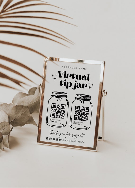 Retro Virtual Tip Jar Digital Printable Template, Venmo Cashapp Payment Sign, DIY QR Code Sign Template, Editable Tips Accepted Sign Canva