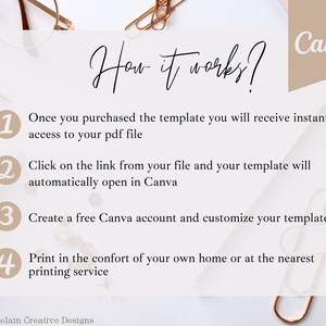 May include: A white background with a beige rectangle containing instructions on how to use a Canva template. The instructions are numbered 1 through 4. The text reads: "How it works? Once you purchased the template you will receive instant access to your pdf file. Click on the link from your file and your template will automatically open in Canva. Create a free Canva account and customize your template. Print in the comfort of your own home or at the nearest printing service. Porcelain Creative Designs."