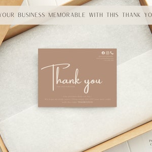 May include: A brown thank you card with white text that says "Thank you for your purchase". The card also includes social media icons and a website address.