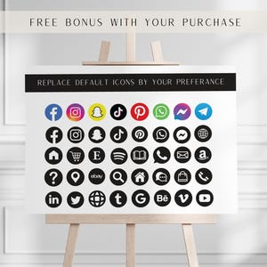 May include: A white board with a black header that says "REPLACE DEFAULT ICONS BY YOUR PREFERENCE". The board is filled with 36 black circles, each containing a different social media icon in white. The icons include Facebook, Instagram, Snapchat, TikTok, Pinterest, WhatsApp, Messenger, Telegram, Twitter, Etsy, Google, Behance, Vimeo, YouTube, and more.