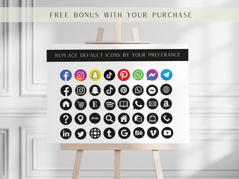 May include: A white board with a black header that says "REPLACE DEFAULT ICONS BY YOUR PREFERENCE". The board is filled with 36 black circles, each containing a different social media icon in white. The icons include Facebook, Instagram, Snapchat, TikTok, Pinterest, WhatsApp, Messenger, Telegram, Twitter, Etsy, Google, Behance, Vimeo, YouTube, and more.