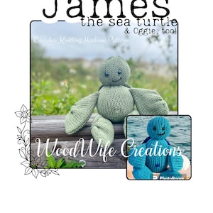 Könnte beinhalten: Ein gestricktes grünes Meeresschildkröten-Spielzeug namens James, mit einem lächelnden Gesicht und ausgestreckten Flossen. Das Bild enthält den Text "James the sea turtle & Oggie, too!" und "Wood Wife Creations". Ein kleineres Bild zeigt eine blaue Schildkröte.