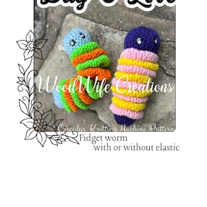 May include: Two colourful, handmade crochet fidget worms. One worm has blue, green, and orange segments, while the other has purple, pink, and yellow segments. The image includes the text "Bug O'Love" and "Wood Wife Creations".