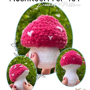 May include: A crochet mushroom pop toy with a red cap and white stem. The cap features white heart-shaped accents. The image includes the text "MUSHROOM POP TOY Crochet Pattern".