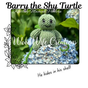 Könnte beinhalten: Eine grüne, gestrickte Schildkröte mit einem lächelnden Gesicht, Armen und Beinen, vor einem Hintergrund aus blauen und weißen Blumen. Der Text "Barry the Shy Turtle" und "Knitting Machine Pattern" sind über der Schildkröte zu sehen. Der Text "Wood Wife Creations" ist ebenfalls sichtbar.