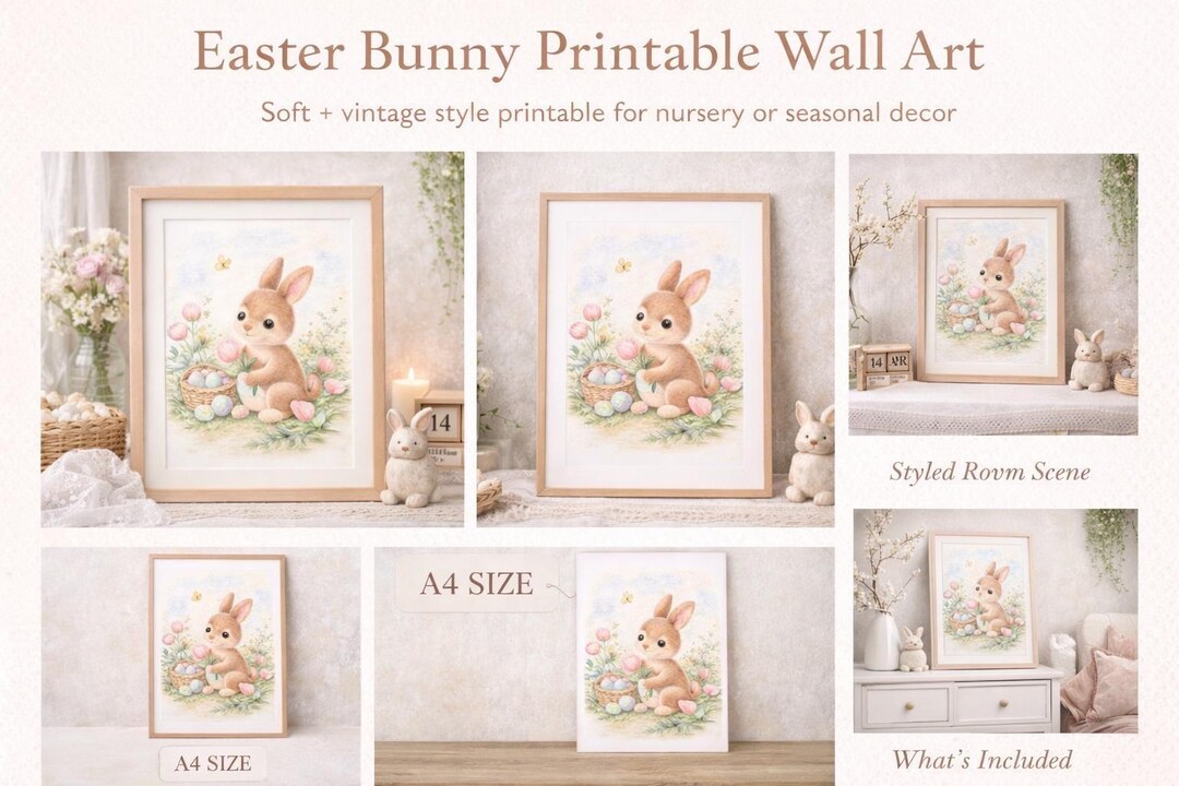 Easter Bunny Printable Wall Art, Cottagecore Nursery Decor, Vintage ...
