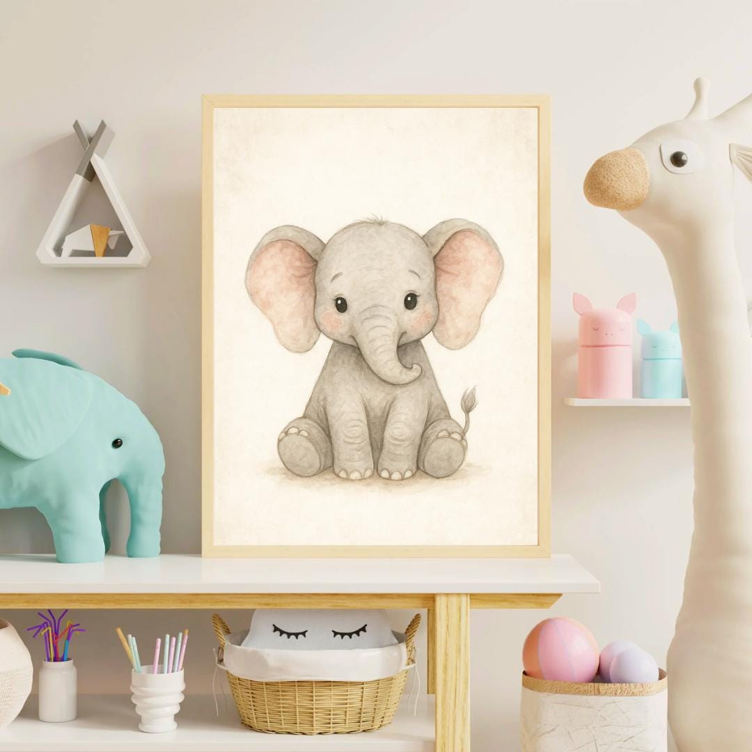Baby Elephant Nursery Wall Art Printable – Neutral Safari Animal Poster ...