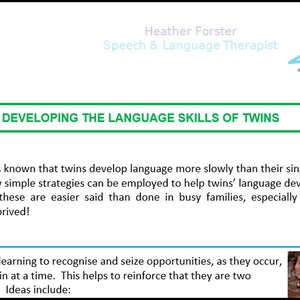 Speech & Language Therapy activity and information sheets to help develop communication: advice on language development in twins