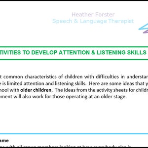 Speech & Language Therapy activity and information sheets to help develop your child&#39;s communication: attention skills from 5 years onwards