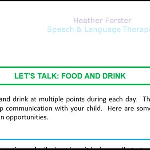 Fiches d'activités et d'informations sur l'orthophonie pour aider à développer la communication de votre enfant : compréhension des noms d'aliments et de boissons