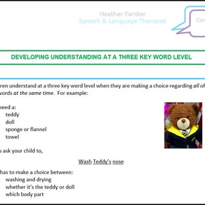 Può includere: Un orsacchiotto di peluche marrone che indossa una cravatta a righe gialle e nere e una giacca gialla con colletto nero. Il testo "Wash Teddy's nose" è sotto l'immagine. Il testo "Developing Understanding at a Three Key Word Level" è in cima alla pagina.