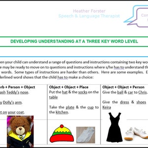 Speech & Language Therapy activity and information sheets to help develop your child&#39;s communication: understanding at a 3 key word level