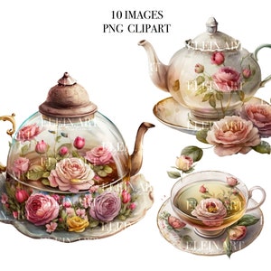 Tea Party Aquarell, Tee Illustration, Digitale Teekanne, Aquarell Teekanne Clipart, Teetasse Kunst, Digitale rosa Rosen, Digitale Teekanne, Blumen
